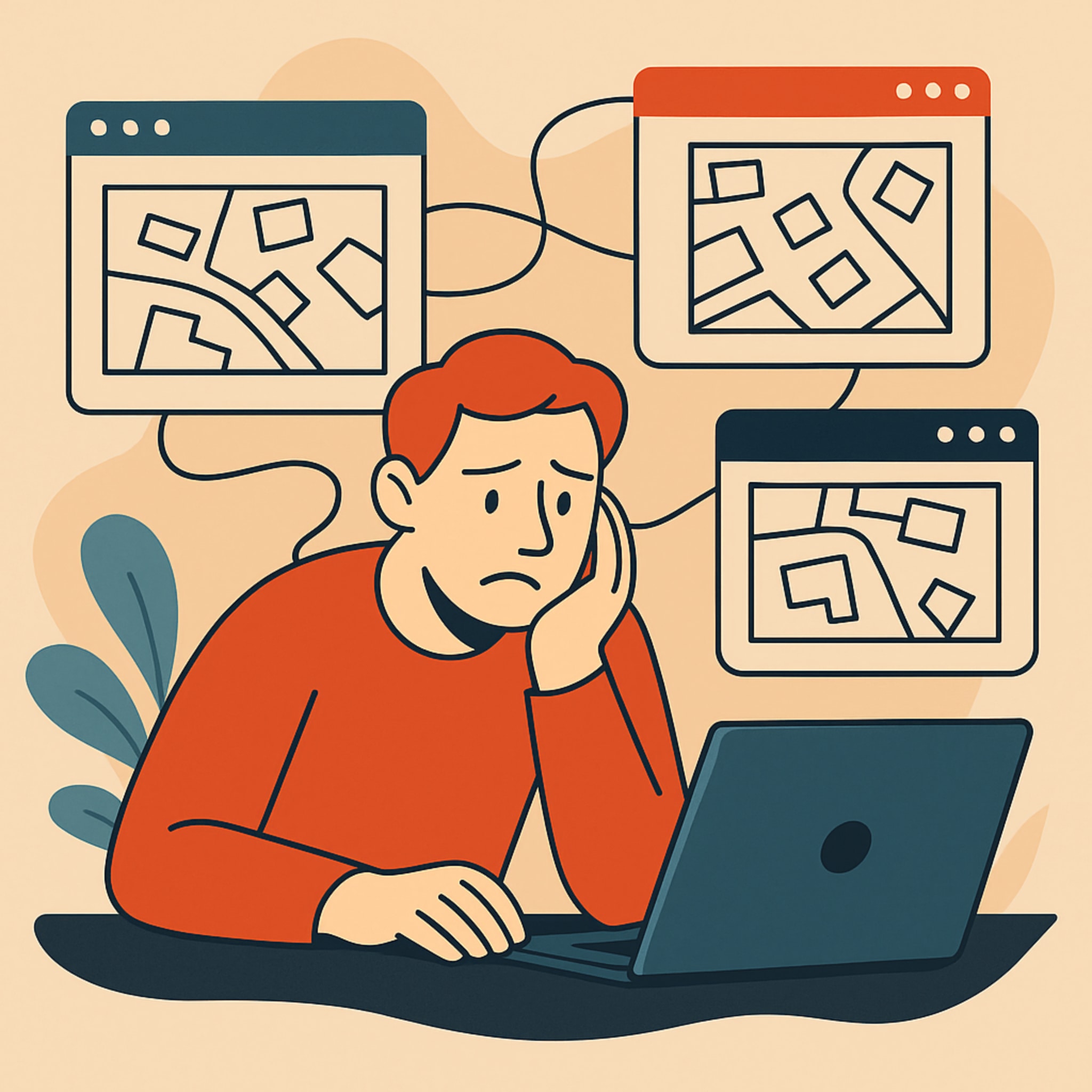 Illustration eines frustrierten Nutzers bei der Geodatenbeschaffung